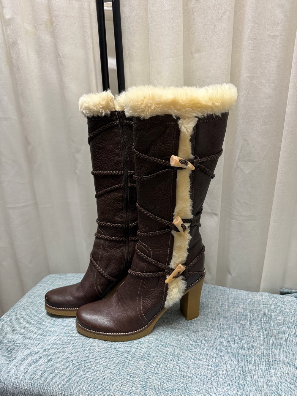 BCBGirls Dark Brown Leather Heeled Fur-Trim Toggle Boots